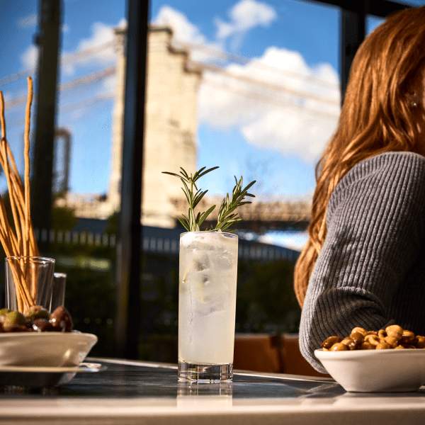 girl holding cocktail with a view of the brooklyn bridge