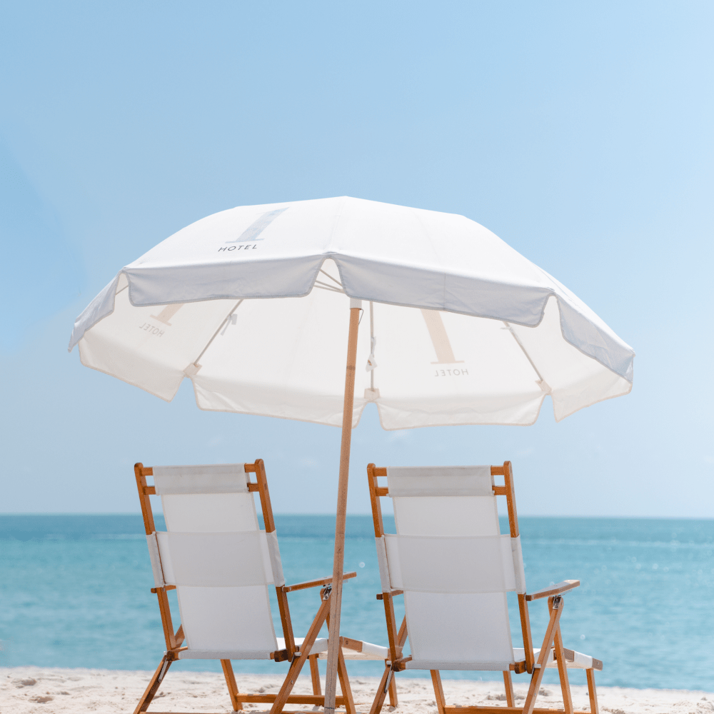 Beach chairs and umbrellas