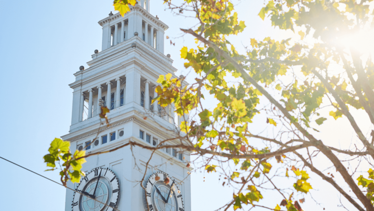 View of the San Francisco ferry building clock tower from ground level