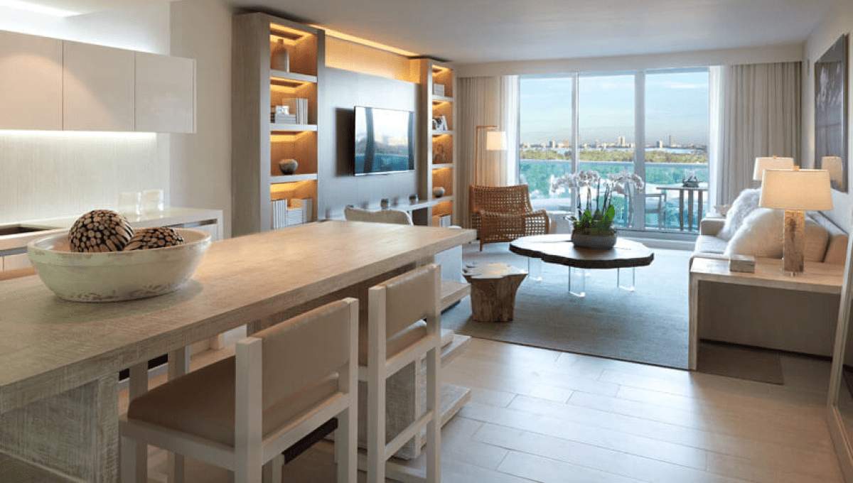 Long open concept living and dining room area