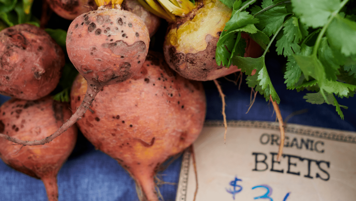 Organic beets set out for purchase, a sign reads Organic Beets three dollars per bunch