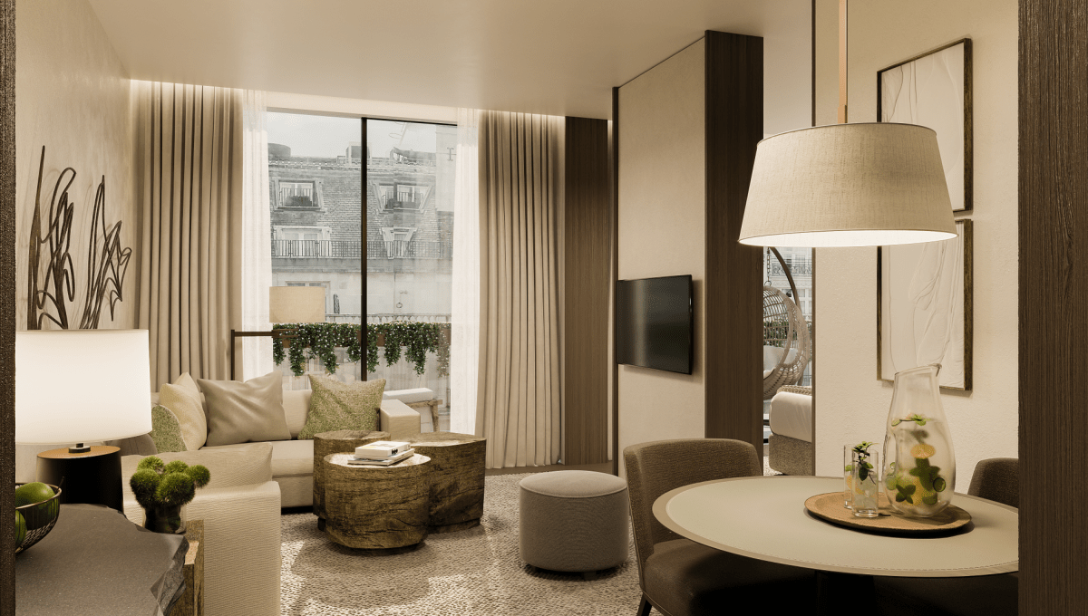 Hotel room living area 
