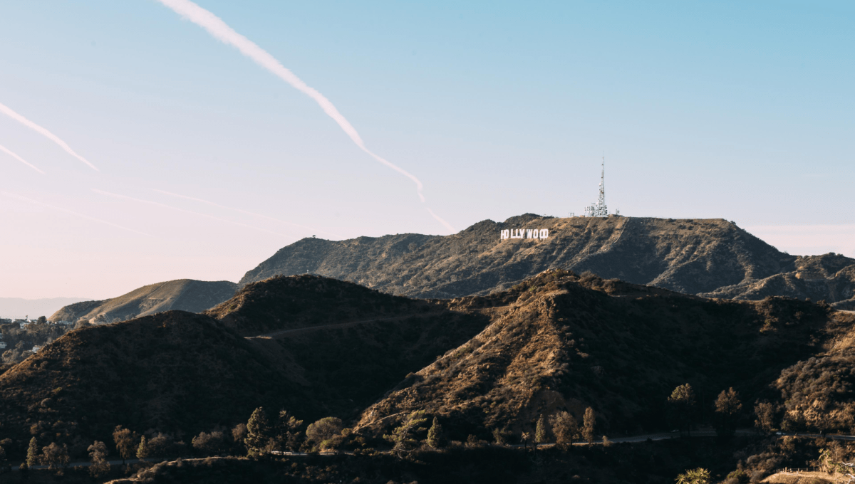 A far-off view of the Hollywood sign