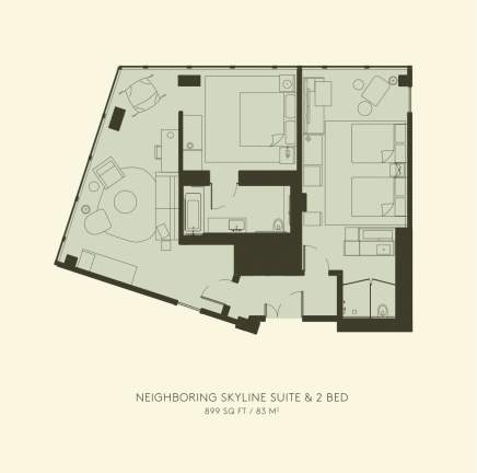 隣接するスカイライン・スイートと2ベッドの間取り図