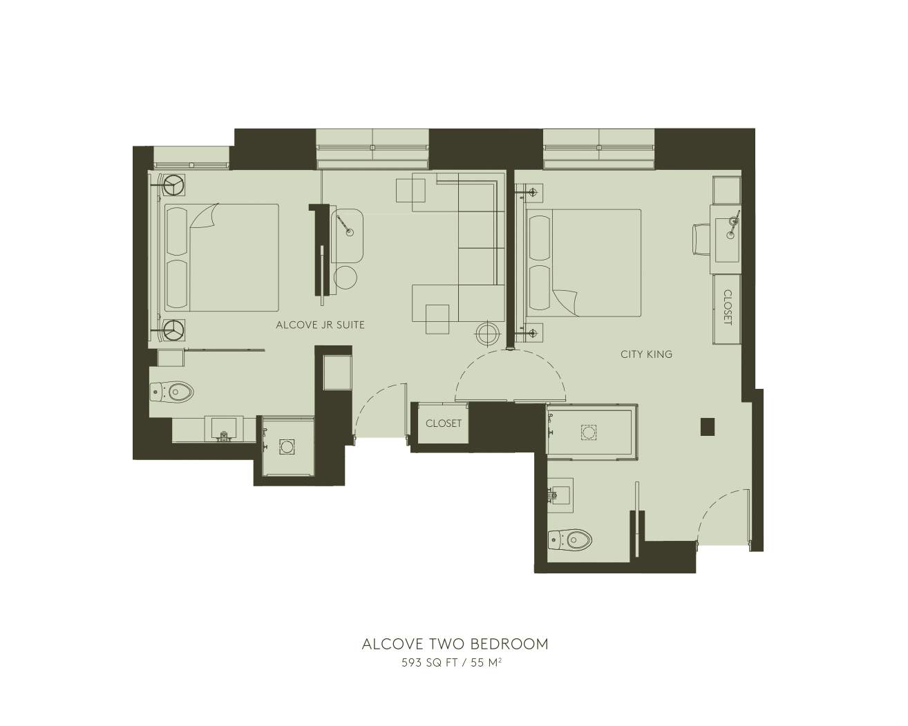 Alcove planløsning med to soveværelser