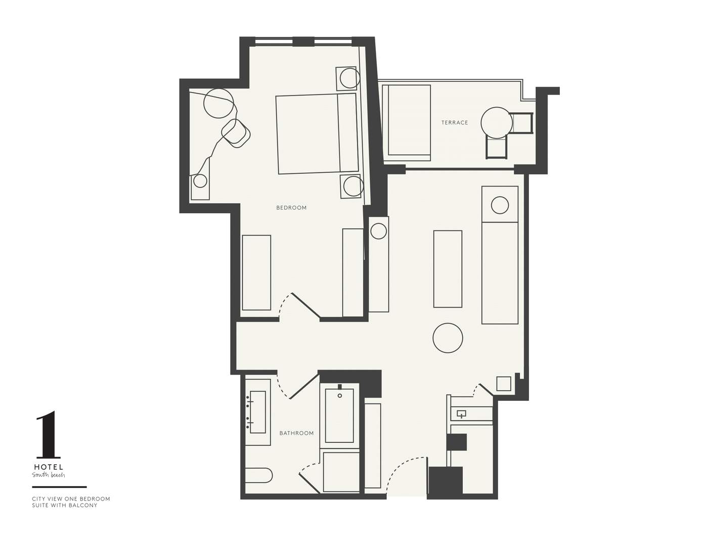 Plan d'étage de la City View one bedroom suite au 1 Hotel South Beach