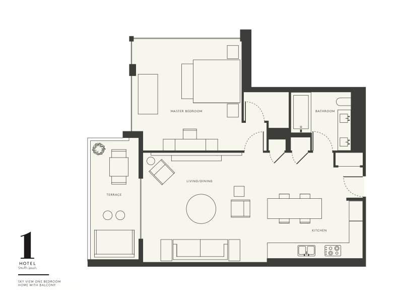 Plan d'étage de la maison d'une chambre avec balcon et vue sur le ciel