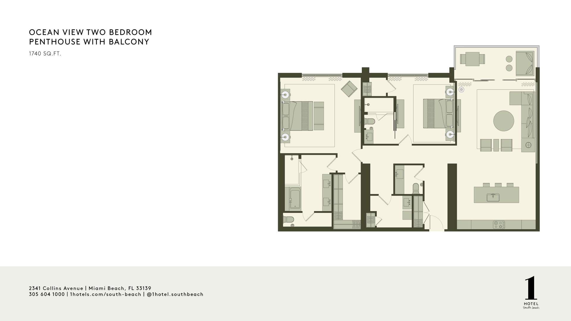 Plan d'étage du penthouse à deux chambres avec balcon, vue sur l'océan