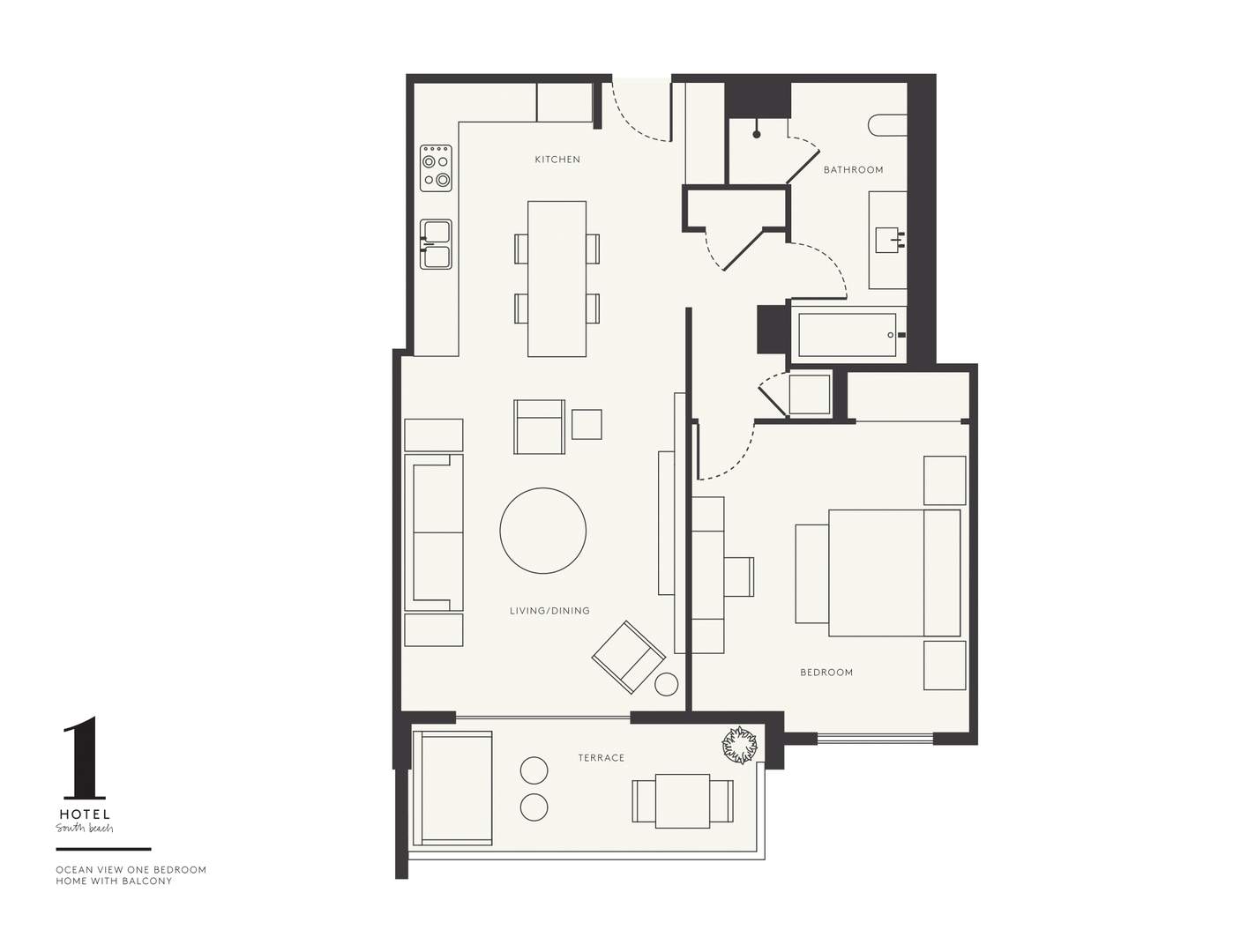 Plan d'étage de la chambre à coucher Ocean View au 1 Hotel South Beach