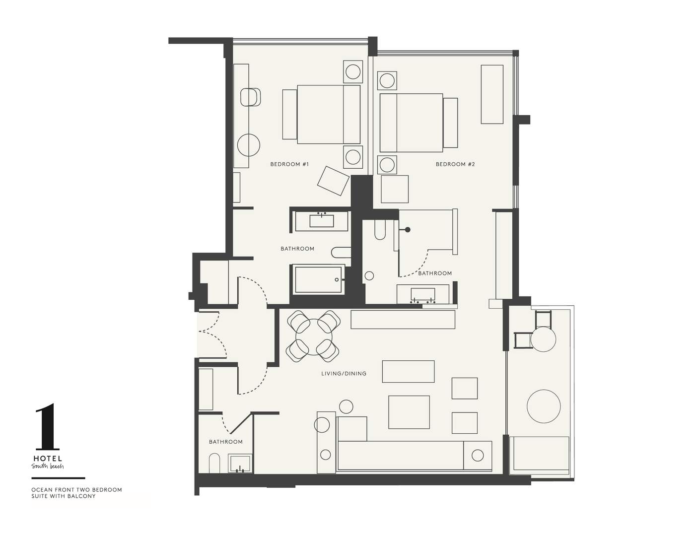 un plan d'étage pour une suite à deux chambres au bord de l'océan