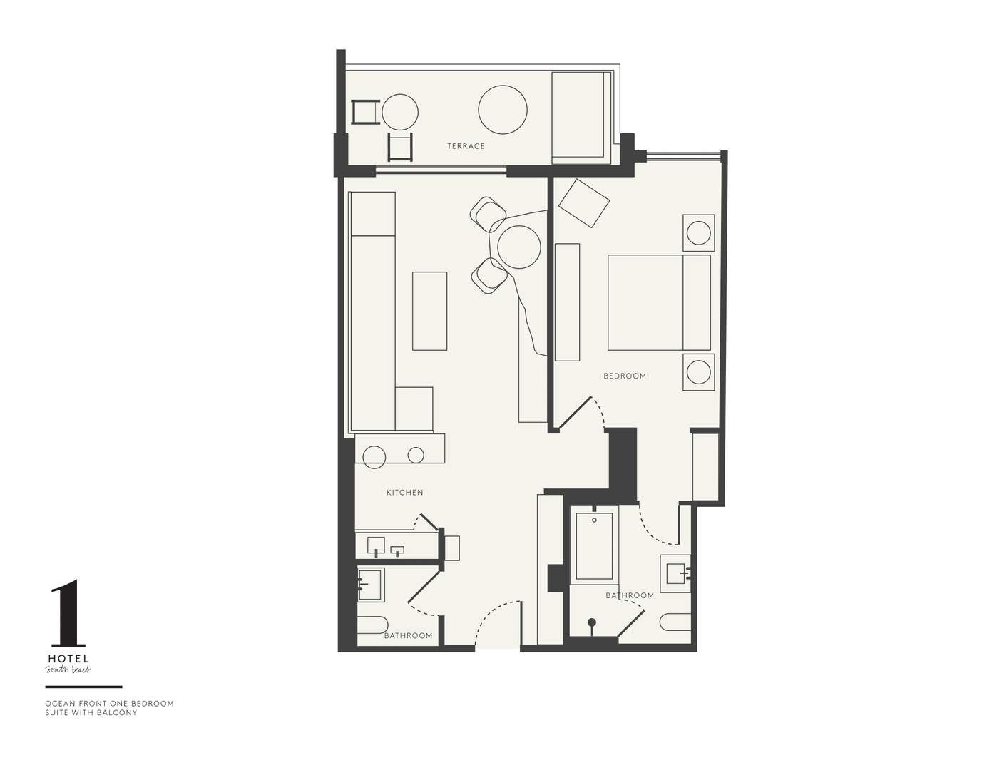 Plan d'étage de la suite d'une chambre avec vue sur l'océan au 1 Hotel South Beach