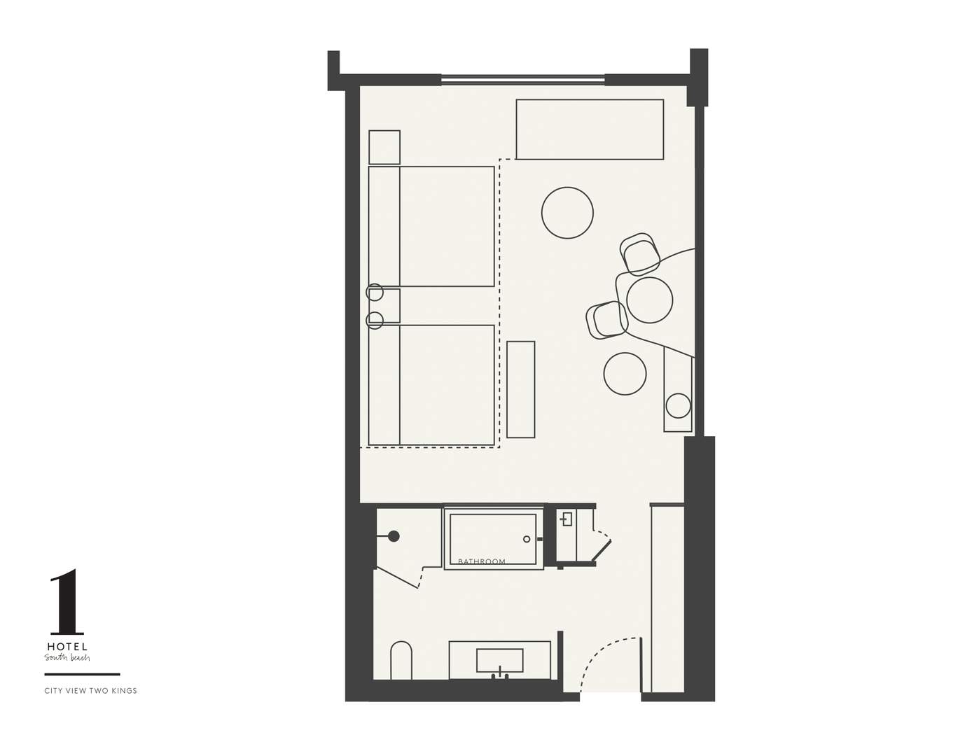 Plan d'étage d'une chambre city view two kings au 1 Hotel South Beach