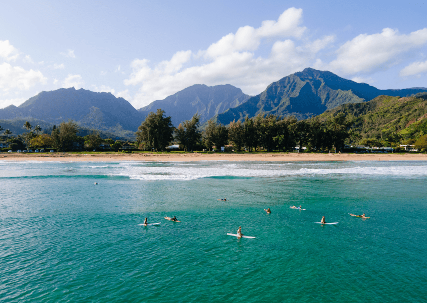 Guests enjoying the ocean using paddleboards with a view of the beach and mountain ranges 