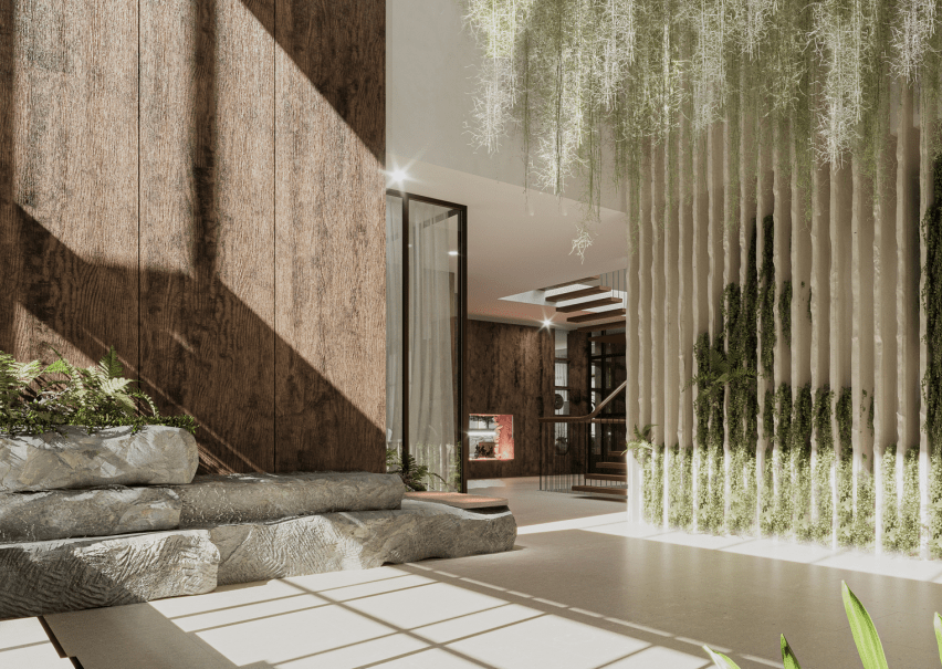 Bright elegant lobby with moss hanging from the ceiling