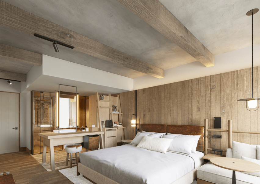 Wood paneled room with bed in center