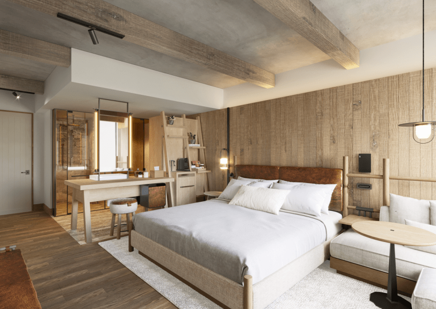 Wood paneled room with bed in center