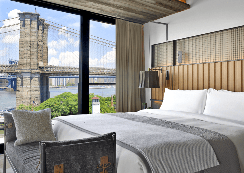 Hotel room with a view out to the Brooklyn Bridge