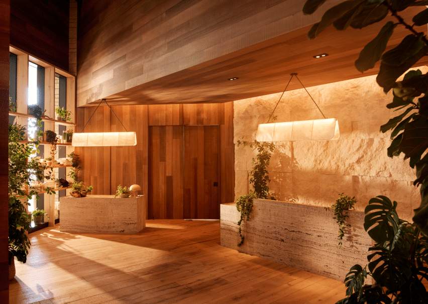 1 Hotel Austin Vestíbulo con elementos de madera y plantas verdes.