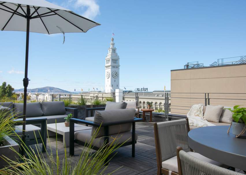 A view of the San Francisco ferry building clock tower as seen from the Terrace Suite