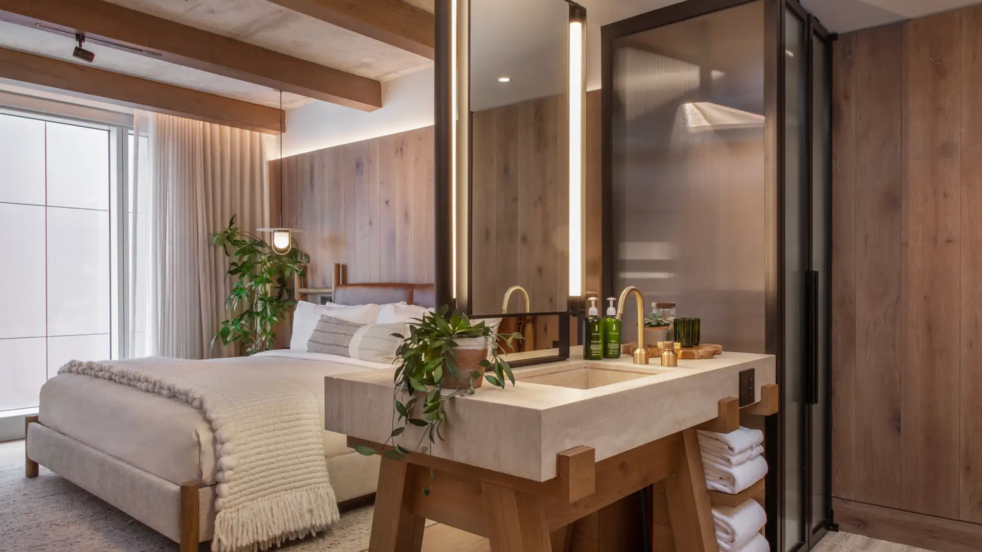 Bedroom with a bathroom vanity