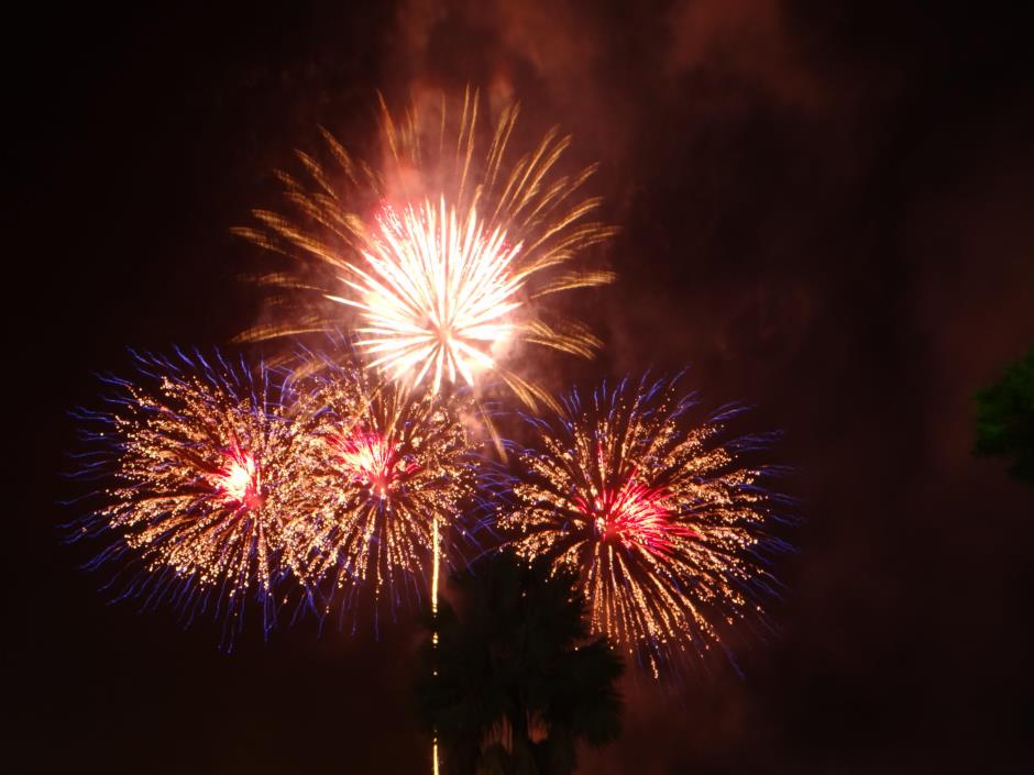 Four red, orang, and blue fireworks exploding in a dark sky