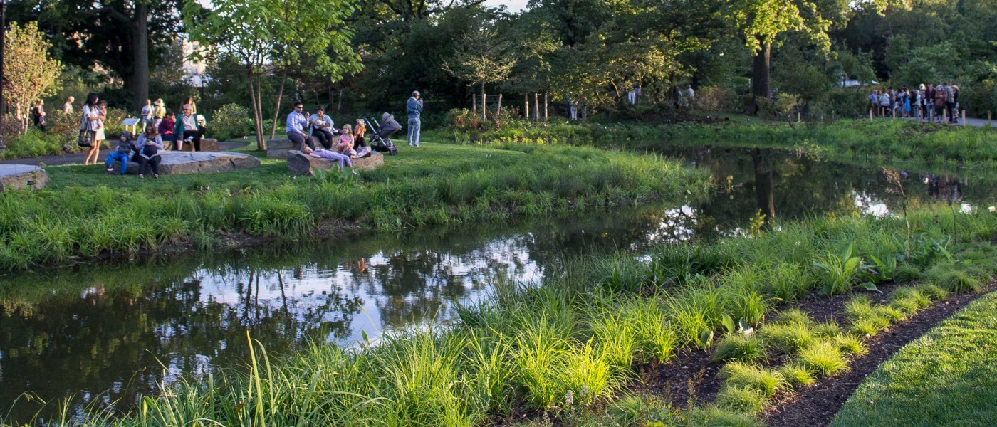 People sitting on rock slabs near the water at the Brooklyn Botanical Garden.