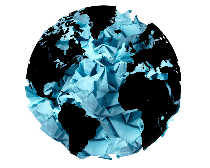 A blue and black globe made from crumpled paper