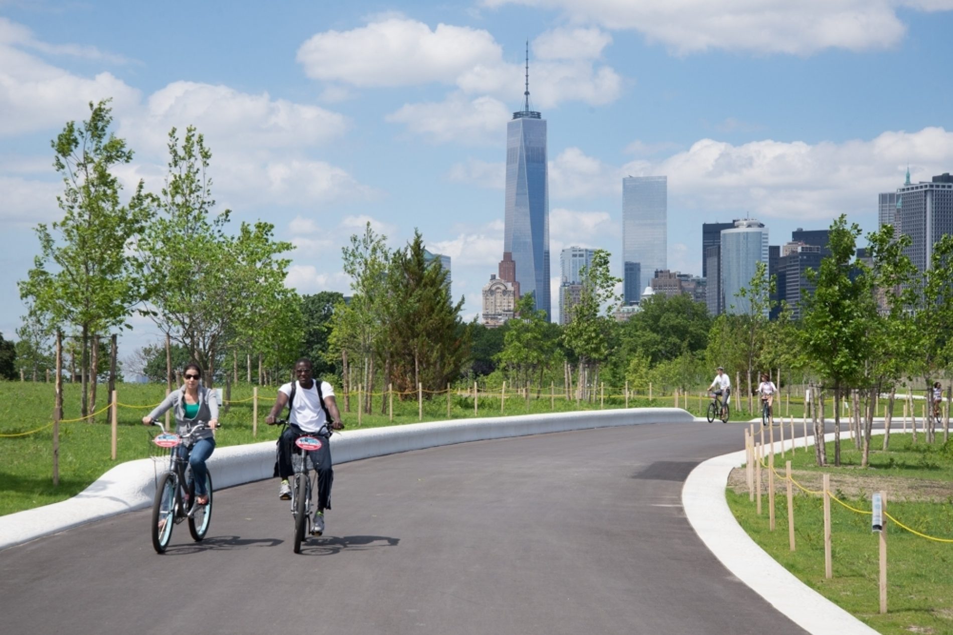 People biking on a bike path on Governors Island