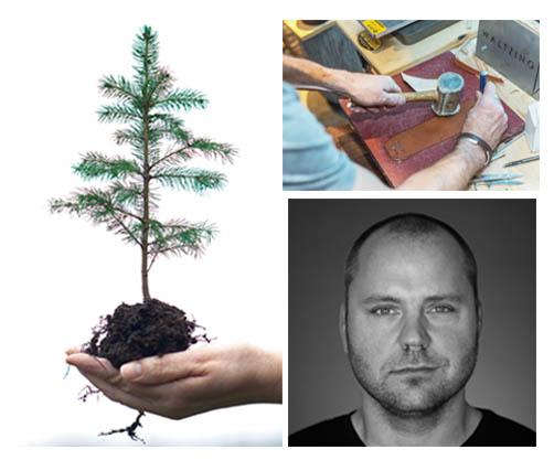 An image split into 3 panels: a tree, leatherworking, a man smiling