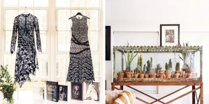 A living room with two dresses hanging in windows next to a cactus terrarium