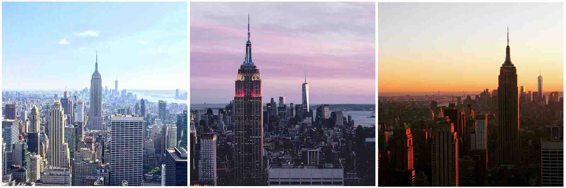 3 images of Rockefeller Center at different times of day