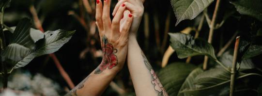 Two hands and forearms with tattoos emerging from green leaves