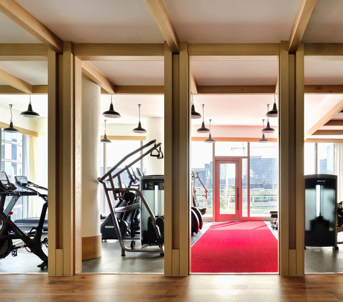 fitness center with red carpet