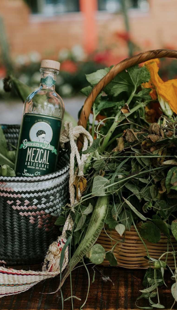Mezcal bottle with green leaves