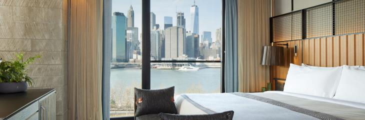 The Skyline suite at 1 Hotel Brooklyn Bridge with view of NYC skyline