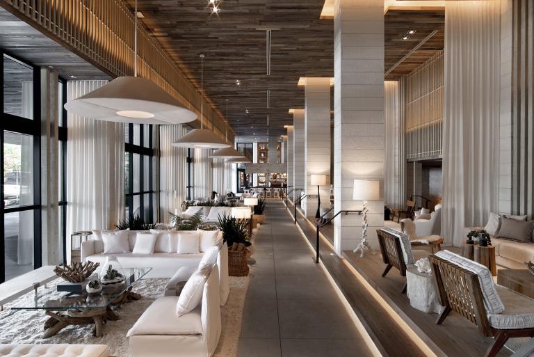 The 1H South Beach lobby extends into the distance, showcasing its locally sourced, eco-friendly, building materials